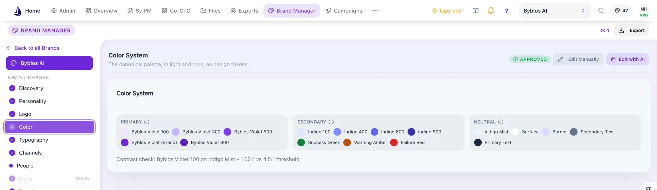The Brand Manager colour system, showing the brand palette with contrast checks against each pairing.