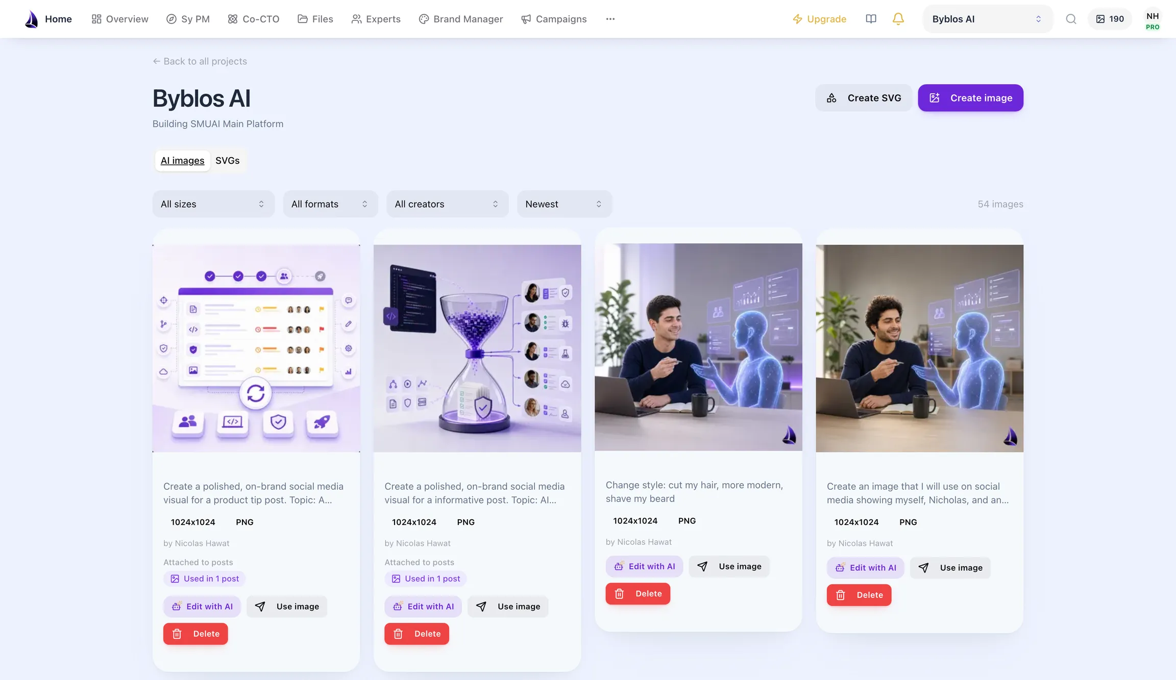 The brand image library with dozens of AI-generated, on-brand visuals and filters for type, size, format and creator.