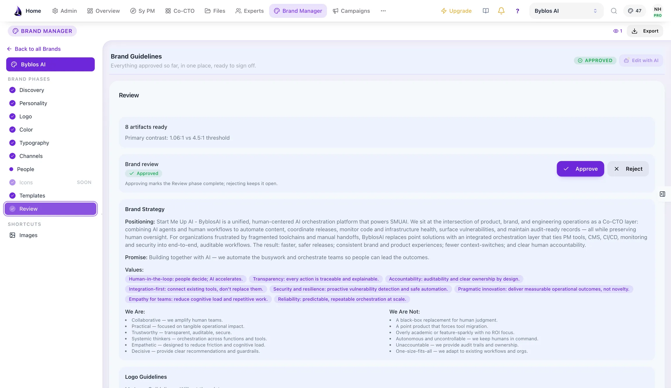 The Brand Manager review screen: eight brand artifacts marked ready, with approve and reject controls above the full guideline document.