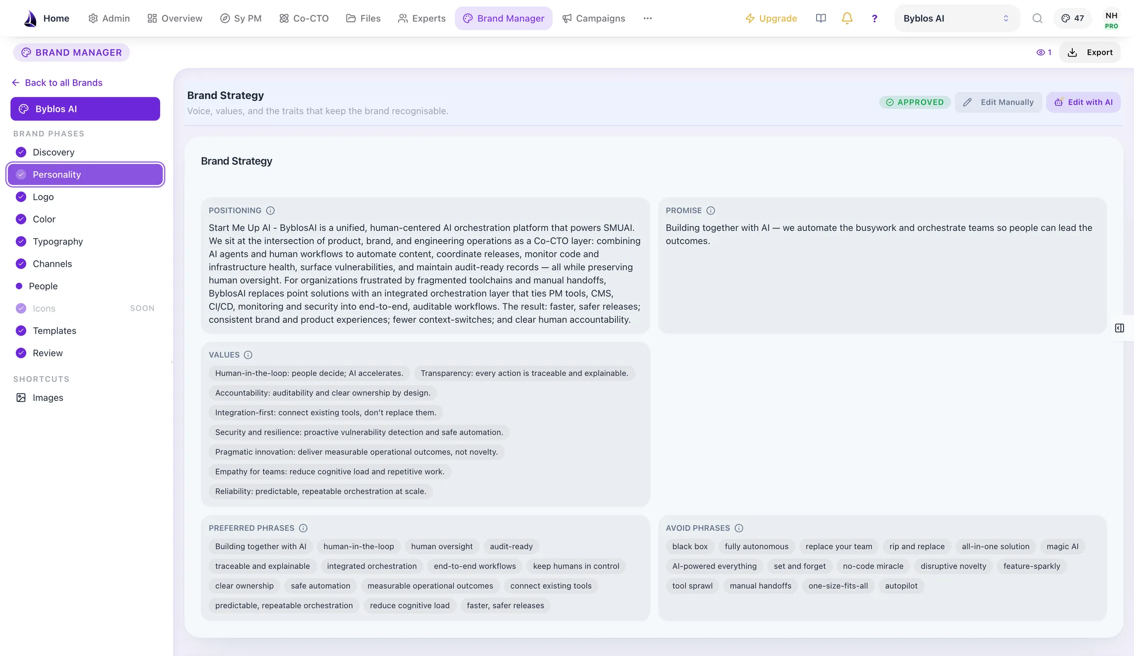 Brand Manager's brand strategy view in Byblos AI, showing positioning and value propositions