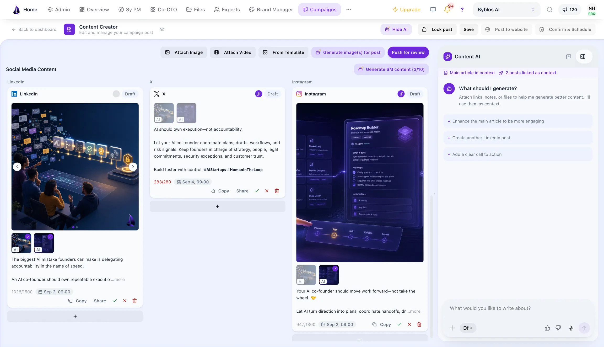 The social media content view with LinkedIn, X and Instagram draft posts, AI-generated images, and the Content AI assistant panel.