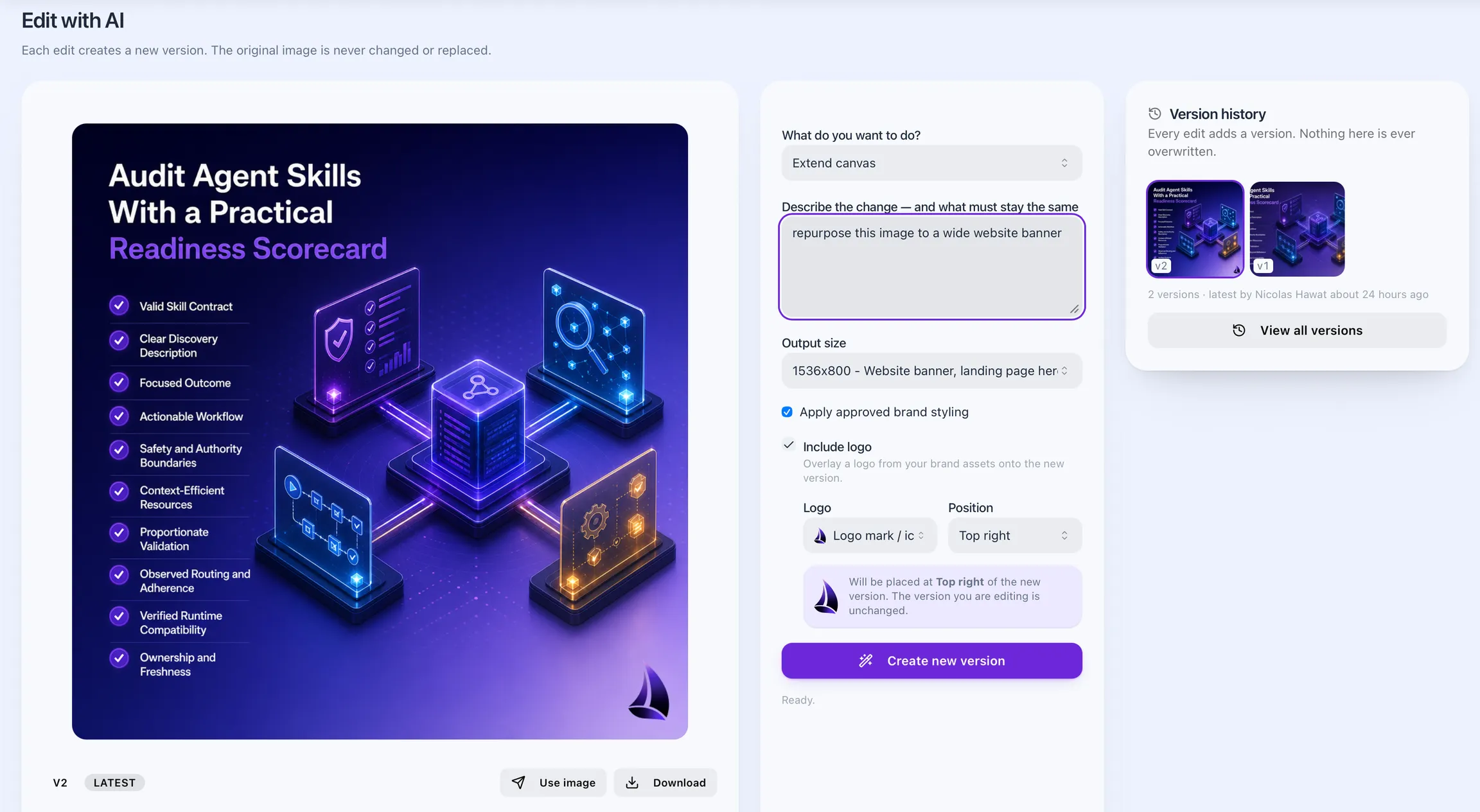 The Edit with AI screen in Byblos AI, repurposing a social visual into a website banner with brand styling, a logo overlay and version history.