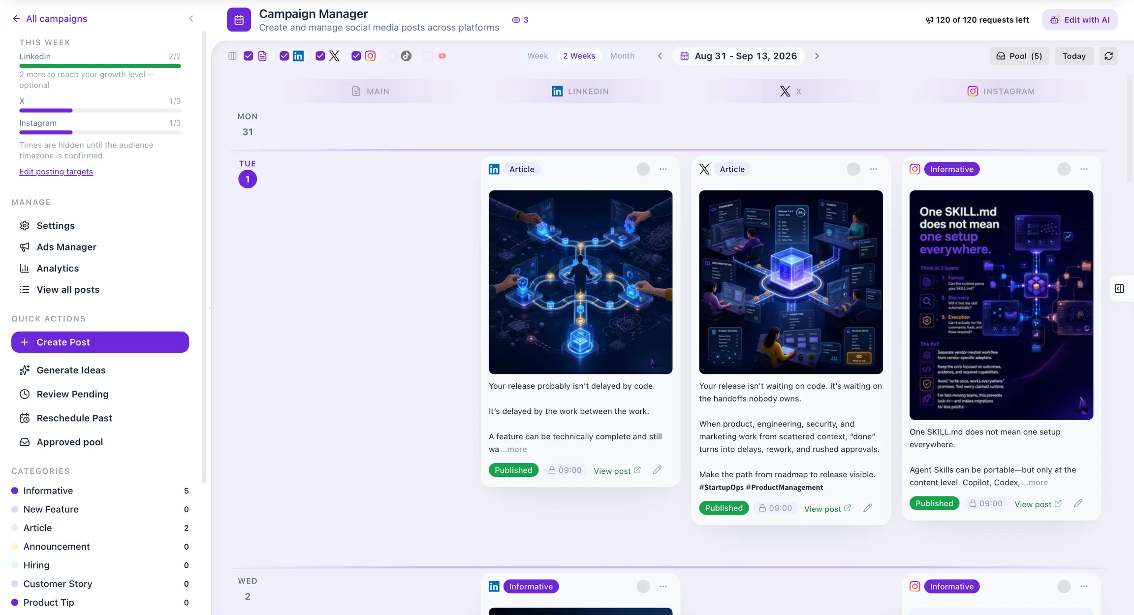 The Campaign Manager content calendar in Byblos AI, showing published posts with their visuals across LinkedIn, X and Instagram