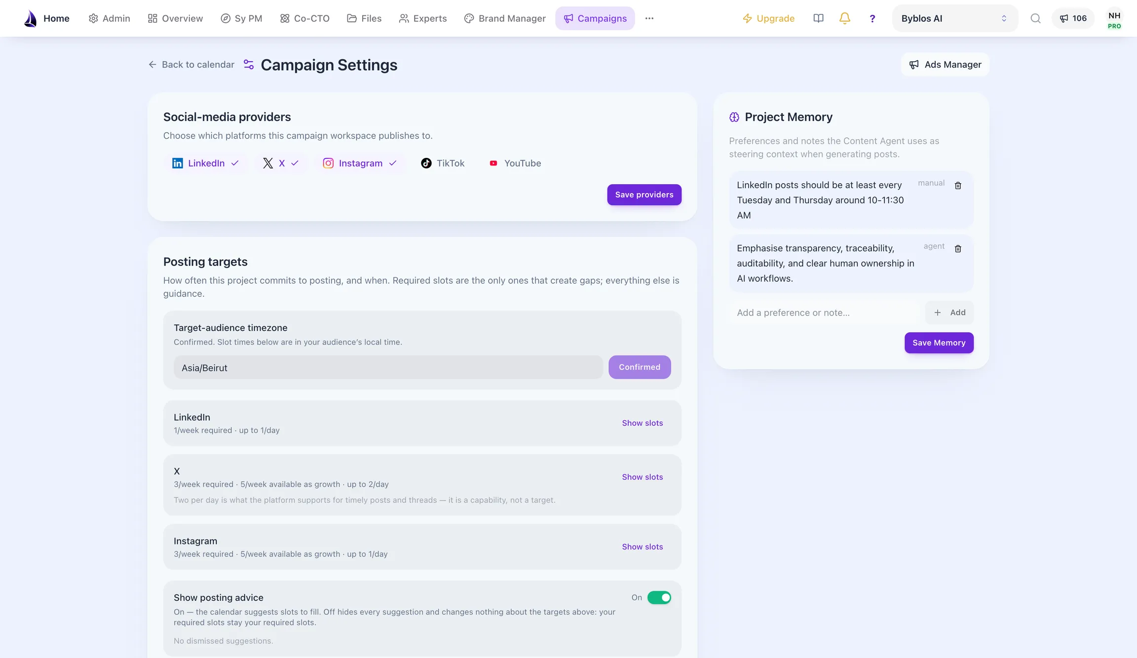Campaign settings showing which social platforms the workspace publishes to, its posting targets, and the content agent’s project memory.