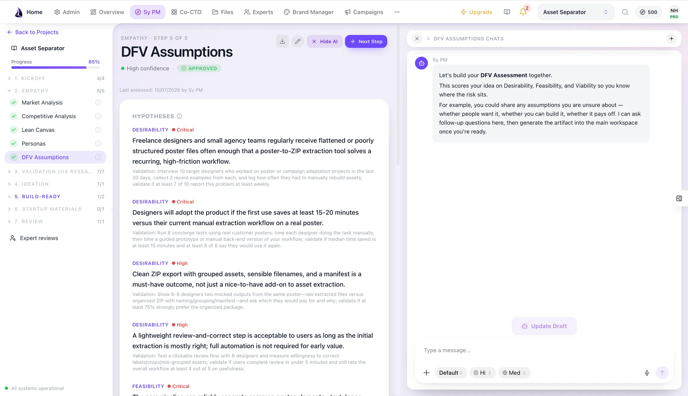 Sy PM desirability, feasibility and viability assumptions, each with a validation experiment, beside an open Sy PM chat panel.