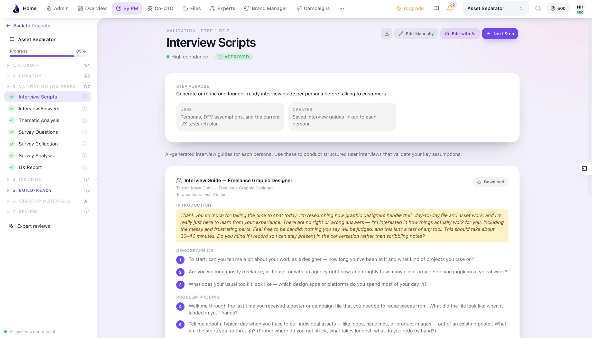 A generated 15-question user interview guide targeted at a named persona, with an introduction script and probing questions.